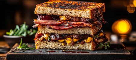 Gourmet Grilled Sandwich with Smoked Ham, Melted Cheese, and Savory Sauce on Artisan Breadの素材