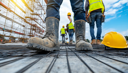 Construction Worker Boots, Hard Hat, and Team on Scaffolding at Commercial Building Siteの素材