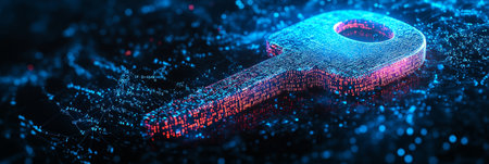 Glowing Key Composed of Binary Code Unlocking Digital Potential in a Sea of Swirling Dataの素材