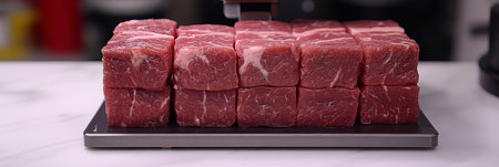 Freshly Cut Cubes of Raw Beef Arranged for Precise Cooking Preparation on a Modern Kitchen Scaleの素材