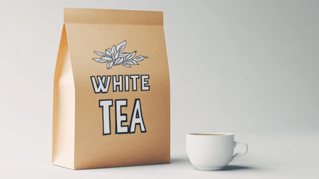 White tea paper bag mockup with a cup isolated. Blank kraft paper packaging. 3D Rendering.の素材