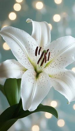 Elegant White Lily on Turquoise Background with Soft, Delicate Bokeh Lights, Perfect for Floral Artの素材