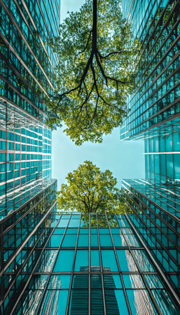 Looking Up at Trees Framed by Modern Glass Buildings, Concept for Urban Nature and Sustainabilityの素材