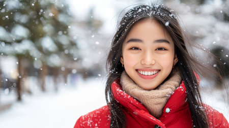 Happy Asian Woman Enjoying Winter Wonderland, Smiling in Snowy Forest, Wearing Red Coatの素材