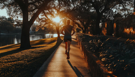 Golden Hour Run Silhouette Of Person Jogging In Picturesque City Park With Sun Rays Through Treesの素材
