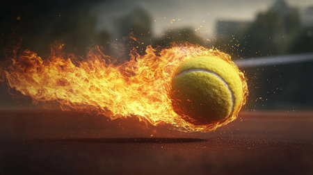 Tennis Ball On Fire Intense Action Shot On Clay Court, Symbolizing Sports Passion And Competitionの素材