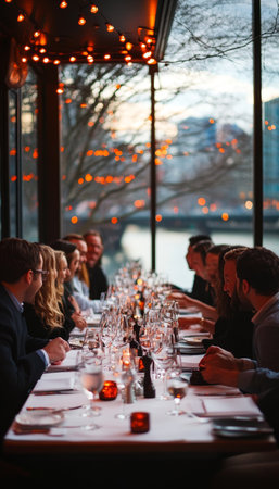 Elegant Evening Reception with City View, Candlelight, and Guests Enjoying Dinner Conversationの素材