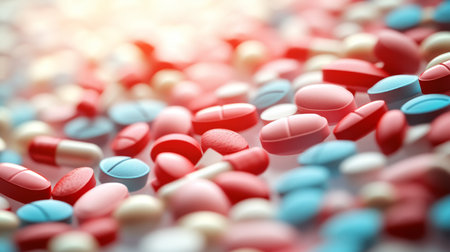 Pharmaceutical Background A Dynamic Arrangement of Colorful Pills and Capsules in Soft Focusの素材