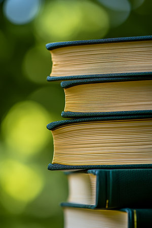 Stack of hardcover books with warm-toned pages against a bright and blurry green background,の素材