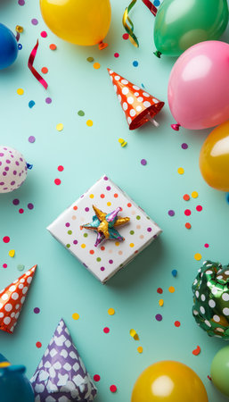 Birthday Celebration Flat Lay Balloons, Party Hats, Confetti and Gift Box on Mint Backgroundの素材