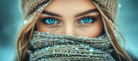 Winter Wonderland Beauty Woman with Captivating Blue Eyes Peeking Over A Cozy Scarfの素材