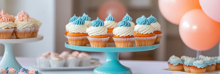 Delectable Blue and White Frosted Cupcakes on a Dessert Table at a Birthday Celebrationの素材