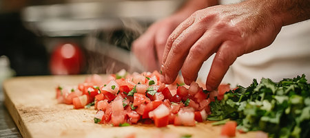 Chef s Hands Preparing Fresh Salsa with Vibrant Tomatoes and Cilantro on Cutting Boardの素材