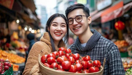 Smiling Couple Explore Local Market with Basket of Fresh Tomatoes, Enjoying Food and Cultureの素材