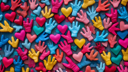 United We Give A Colorful Display of Diverse Hands and Hearts Symbolizing Social Unityの素材