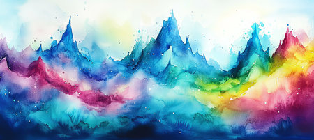 Abstract Dreamy Landscape Watercolor Background of Vibrant Mountains, Hills, and Skyの素材