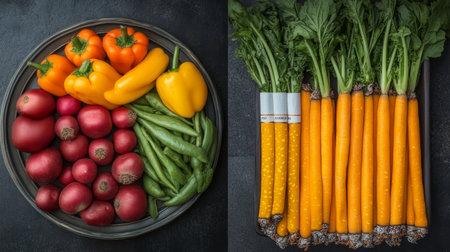 Vibrant Vegetable Platter with Green Beans, Radishes, and Peppers Versus Row of Cigarettes.の素材