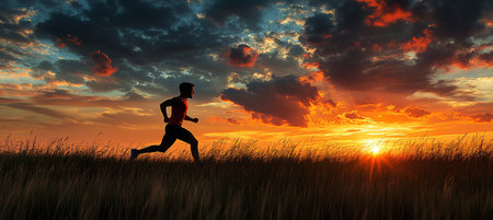 Silhouette of Athletic Man Running in Field at Sunset, Embracing Fitness and Determinationの素材