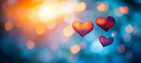 Dreamy Heart Bokeh Romantic Blur with Three Hearts, Golden Light Leaks, and Copy Spaceの素材