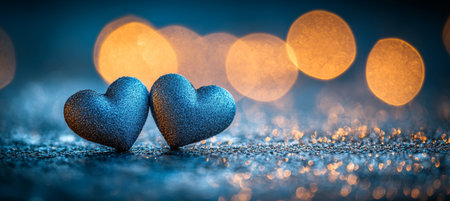 Two Sparkling Blue Hearts on a Glittery Surface with a Dreamy Golden Bokeh Backgroundの素材