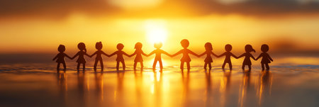Chain Of Paper People Holding Hands Together At Sunset , Harmony And Teamwork Concept.の素材