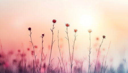 Delicate wildflowers at sunrise, peaceful nature background, hope and serenity concept.の素材