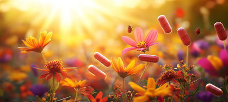 Natural Medicine Vibrant Field of Flowers with Pharmaceutical Capsules for a Healthy Conceptの素材