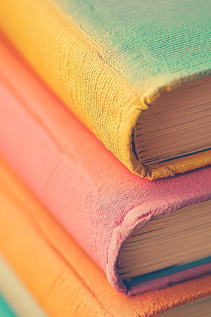 Stack of Colorful Pastel Textbooks, Education, Learning, and Knowledge Concept, Close Upの素材