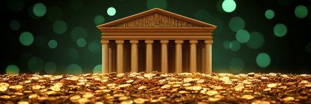 Golden Bank Building Standing on a Pile of Gold Coins With Glowing Green Bokeh Backgroundの素材
