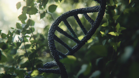 Genetic Code of Nature Intricate DNA Helix Structure Amidst Lush Foliage, 3D Render.の素材