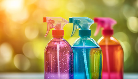 Trio of Colorful Cleaning Spray Bottles Cleaning Power Trio on Sun-Kissed Nature Backgroundの素材