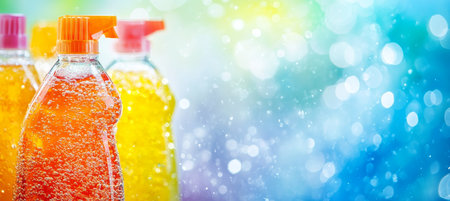 Cleaning Products, Burst Of Color Vibrant Cleaning Solutions in Bottles Against Blurred Backgroundの素材
