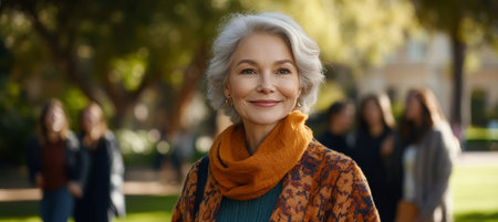 Smiling Senior Woman Enjoys a Sunny Stroll in the Park, Her Friends Out of Focus in the Backgroundの素材