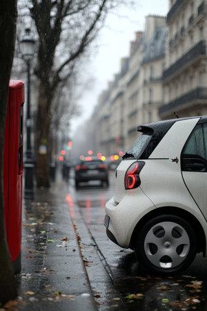 White Compact Electric Car Parked on a Rainy Street in the City, Urban Transportationの素材