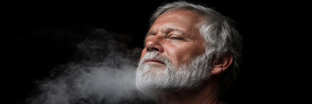 Man Enveloped In Grey Billowy Smoke, Reflecting Themes Of Despair, Isolation, And Addictionの素材