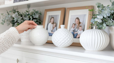 White ceramic vases on a white shelf with framed family photos and greenery in the background.の素材