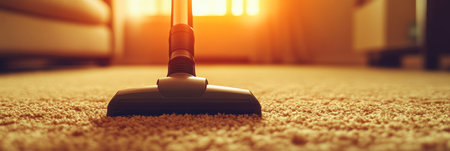 Vacuum Cleaner Nozzle on Carpet with Golden Hour Backlit Cozy and Clean Home Conceptの素材