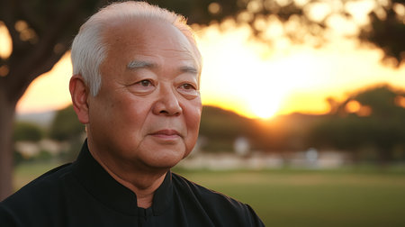 Serene Asian Senior Man Contemplating Life at Sunset With Peaceful Expression, Portraitの素材
