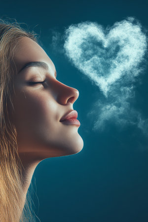 Dreamy Love Close-up of Woman with Eyes Closed, Heart-Shaped Cloud in Blue Sky Background.の素材