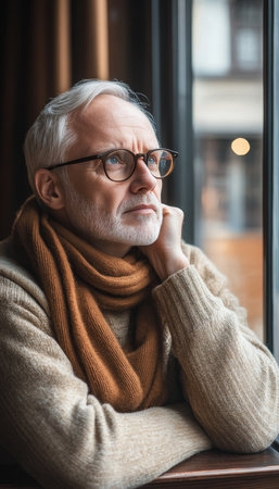 Contemplative Senior Citizen Lost in Thought Serene Portrait by the Window with Copy Spaceの素材