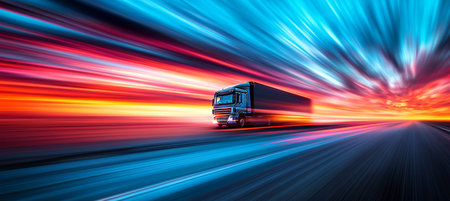 Fast Moving Truck on Highway with Motion Blur and Vibrant Sky for Logistics and transportation Themeの素材