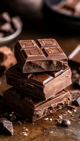 Stack of Dark Chocolate Pieces Sprinkled with Pieces of Cocoa Beans on Warm Brown Backgroundの素材