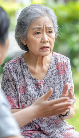 Concerned Senior Woman Discussing Health Concerns With Healthcare Professional Outdoorsの素材