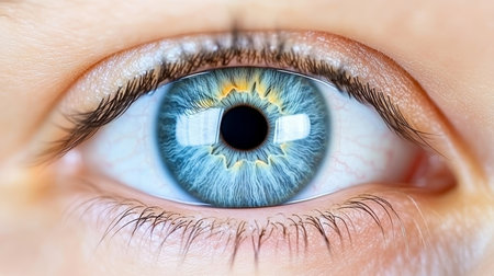 Close-up Of Blue Human Eye With Reflected Light Shining On Iris. Detailed Image Of The Human Eye.の素材