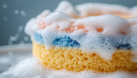 Close-up, Vibrant Multicolored Cleaning Sponge Covered in Soap Suds, Dishwashing Concept.の素材
