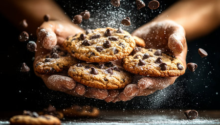Cascading Flour over Warm Chocolate Chip Cookies Held in Gentle Hands, Baking Indulgenceの素材