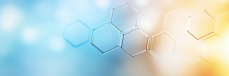 Abstract Geometric Hexagon Structure Design On Light Blue and Orange Gradient Blur Backgroundの素材