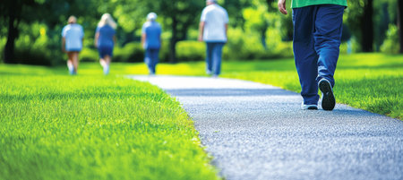Staying Active Senior Enjoys Walk in Park with Friends in Background, Active Lifestyle Concept.の素材