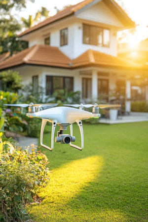 Modern Home Security Drone Patroling Property, Providing Aerial Surveillance and Ensuring Safetyの素材