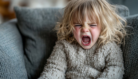 Frustrated Toddler Girl Throwing a Tantrum at Home, Upset Child with Crying Expressionの素材